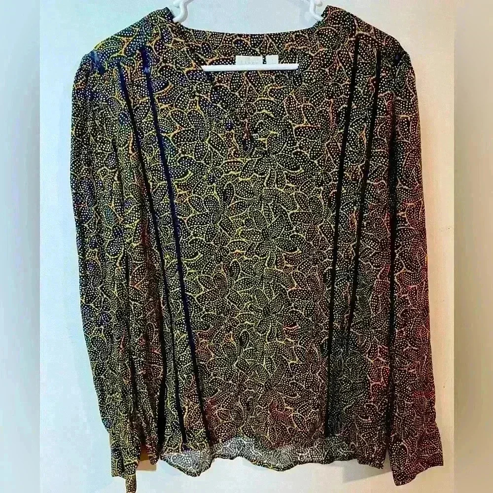 Hinge Navy and Mustard Floral Print Long-Sleeve Blouse - Size Large